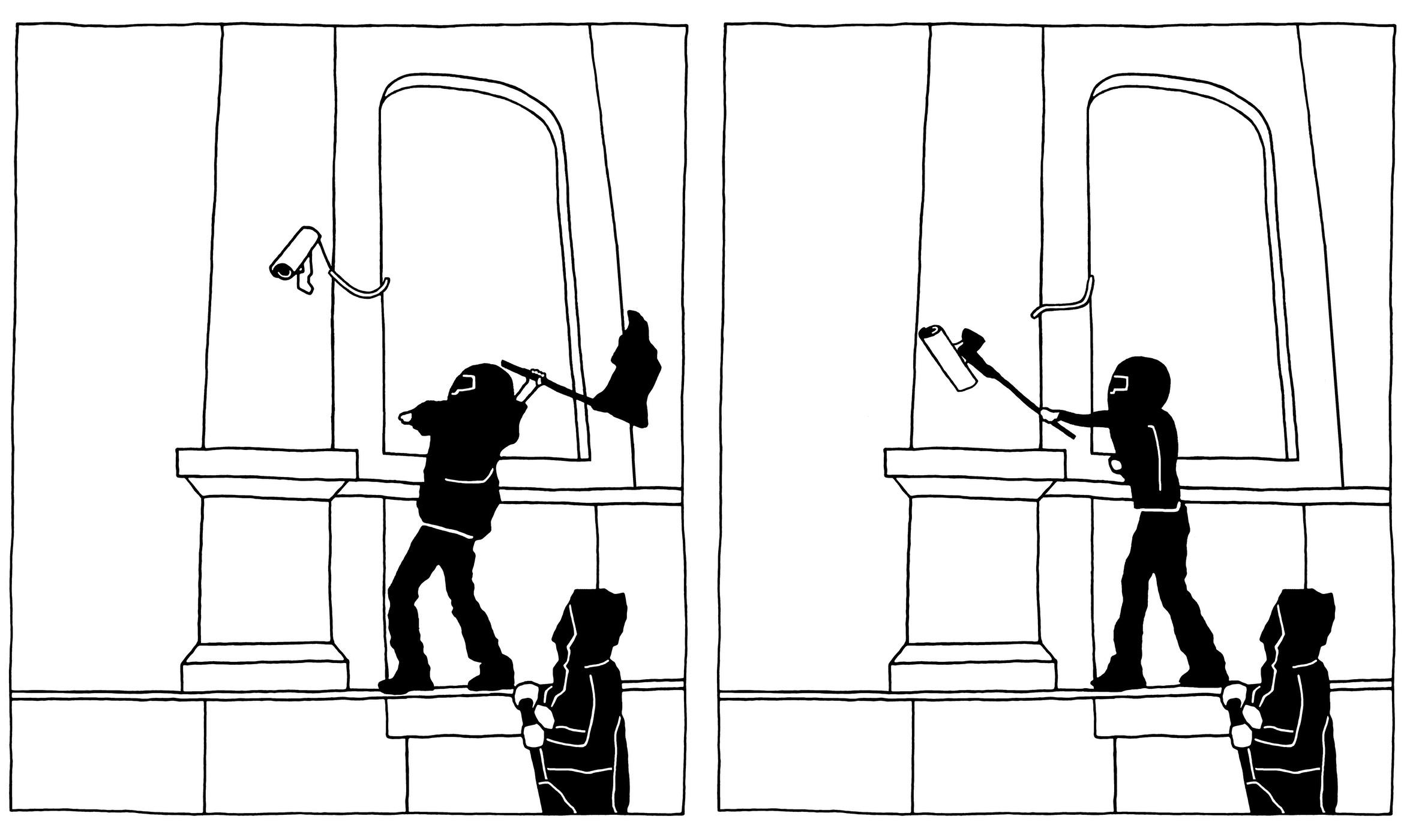 Two drawings showing two people dressed in black in front of a building. In the first drawing, one of them is preparing to hit a surveillance camera with a black flag. In the second drawing they have hit the camera, detaching it from the building wall.
