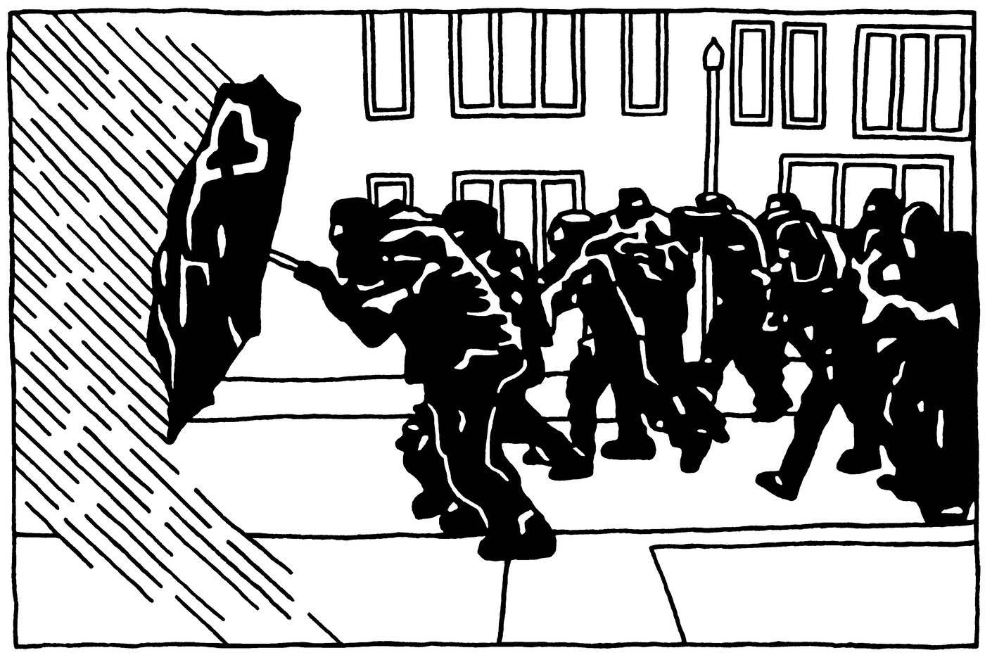 A drawing of a group of a dozen people dressed in black on a street. In the front of the group people are holding an umbrella in front of them to protect against water raining on them diagonally. It isn't raining in the rest of scene.
