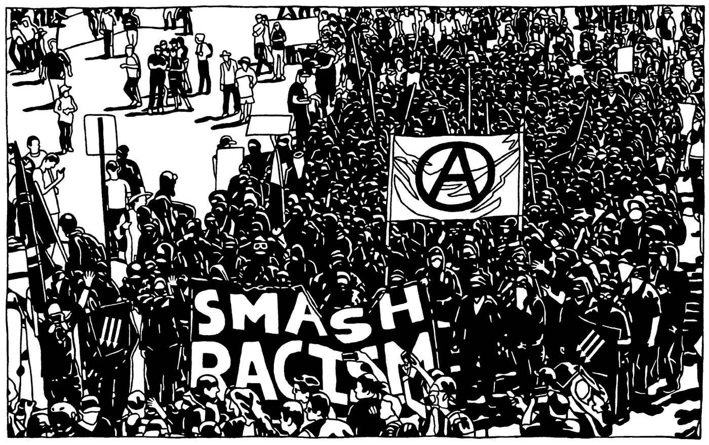 A drawing of a crowd of people marching. Most of them are dressed in black and masked. Several flags can be seen in the crowd, including a flag with a "circled A" symbol, and a flag reading "SMASH RACISM".