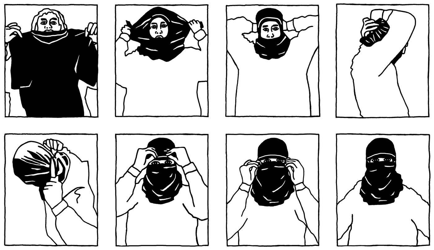Eight successive drawings showing a person using a t-shirt to fully cover their face, including their nose and eyebrows, but without covering their eyes. Each drawing shows a step of the process. The person first puts their head through the t-shirt's head opening from the outside rather than the inside of the t-shirt. They then bring the sleeves behind their head and tie them in a knot. Finally, they adjust the t-shirt's fabric to bring it as close as possible above and below their eyes while still being able to see.