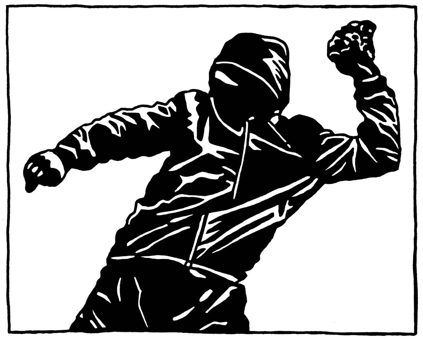 A drawing of a person fully dressed in black holding a rock in their left hand and preparing to throw the rock.