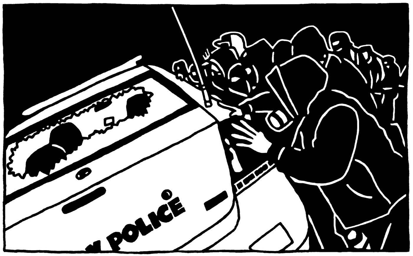 A drawing of a small crowd of people dressed in black toppling a police car.
